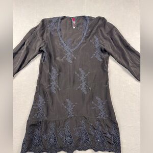Johnny Was Black Embroidered Floral Tunic Shirt Dress Small Boho V-neck Lace